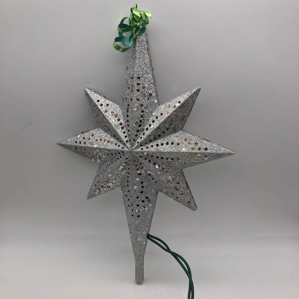 Large Electric Lighted North Star Starburst Silver Glitter 10.5